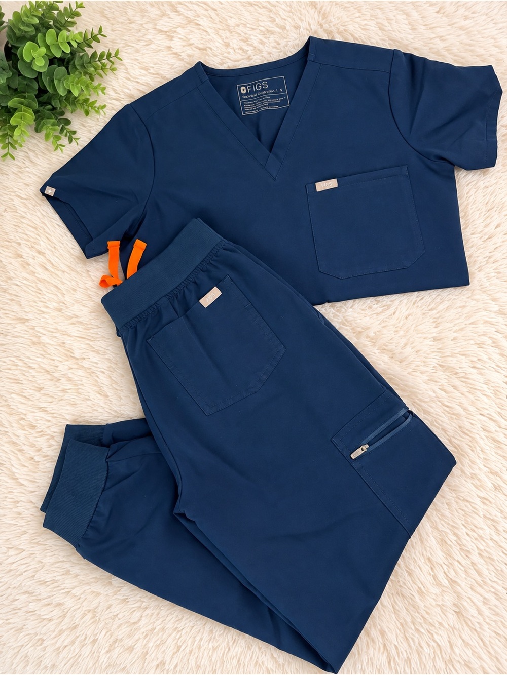 Figs Navy Track Jogger Scrub Pants and top with Orange Drawstring Accent